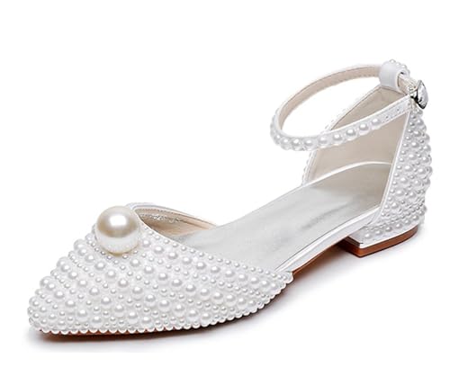 MINITOO Damen Flacheschuhe fur Hochzeits Fesselriemen Abend Prom Schuhe C005 White Pearls Beaded EU 40.5 von MINITOO
