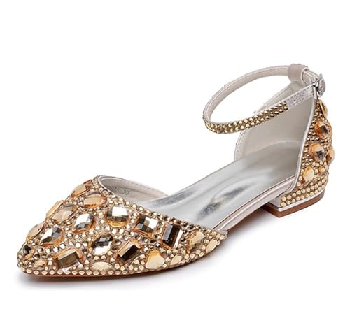 MINITOO Damen Flacheschuhe fur Hochzeits Fesselriemen Abend Prom Schuhe C006 Gold Rhinestones Beaded EU 41 von MINITOO