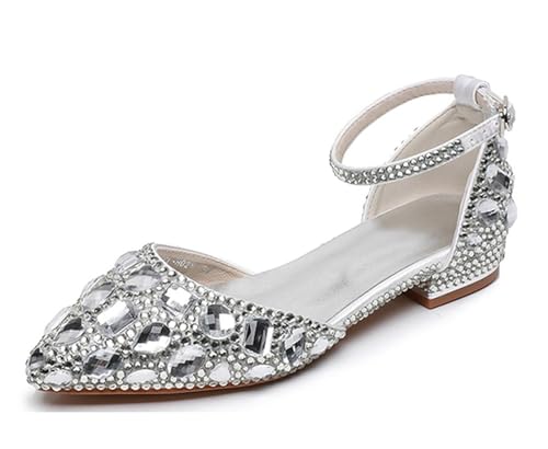MINITOO Damen Flacheschuhe fur Hochzeits Fesselriemen Abend Prom Schuhe C006 Silver Rhinestones Beaded EU 40 von MINITOO