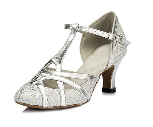 MINITOO Damen Geschlossen Zehen High Heel Silber Glitzer Salsa Tango Ballsaal Latin t-Strap Tanzschuhe EU 39 1/3 (6.5UK) von MINITOO