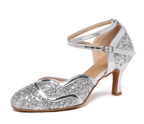 MINITOO Damen Geschlossene Tanzschuhe Glitzer Abend Party Schuhe QJ7110 Silber EU 37.5 von MINITOO