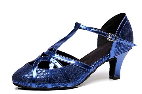 MINITOO Damen Glitzer Salsa Tango Ballsaal Latin Tanzschuhe t-Strap Geschlossen Zehen Dance Shoes Blau EU 37 von MINITOO