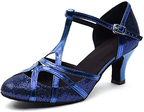 MINITOO Damen Glitzer Salsa Tango Ballsaal Latin Tanzschuhe t-Strap Geschlossen Zehen Dance Shoes Blau EU 41.5 von MINITOO