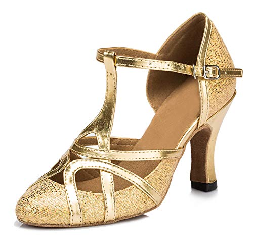 MINITOO Damen Glitzer Salsa Tango Ballsaal Latin Tanzschuhe t-Strap Geschlossen Zehen Dance Shoes High Heel Gold EU 41.5 von MINITOO