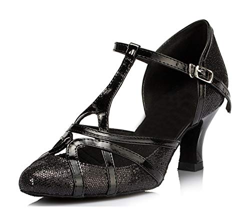 MINITOO Damen Glitzer Salsa Tango Ballsaal Latin Tanzschuhe t-Strap Geschlossen Zehen Dance Shoes Schwarz EU 37.5 von MINITOO