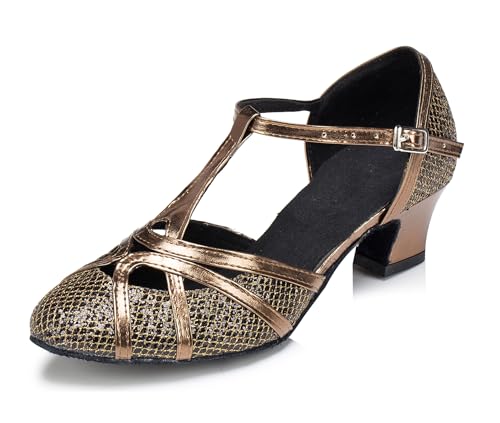 MINITOO Damen Glitzer Tanzschuhe T-Strap Geschlossen Party Abend Schuhe Bronze EU 36 von MINITOO