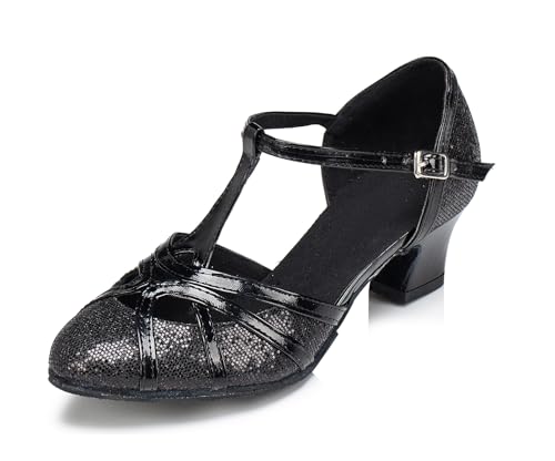 MINITOO Damen Glitzer Tanzschuhe T-Strap Geschlossen Party Abend Schuhe Schwarz EU 35 von MINITOO