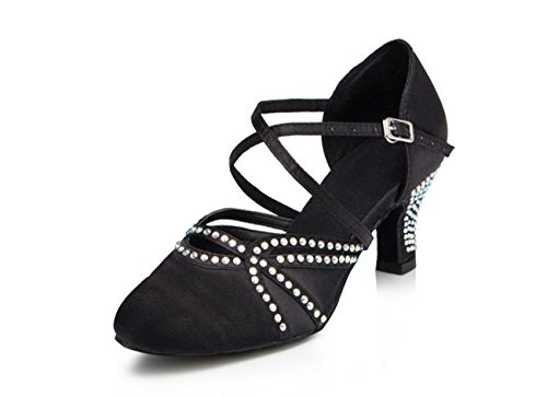 MINITOO Damen Latein Salsa Ankle Strap Kristalle Schwarz Satin Tanzschuhe Wedding Pumps EU 37 von MINITOO