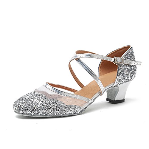 MINITOO Damen Latein Salsa Ankle Strap Silber Glitter Social Tanzschuhe Hochzeitsschuhe EU 35 von MINITOO