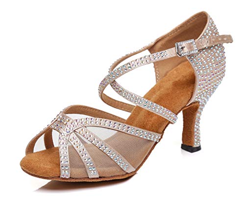 MINITOO Damen Latein Salsa Ballroom Tanzschuhe Hochzeit Abend Sandalen mit Strass L424 Nude 7.5cm Absatz EU 37.5 von MINITOO