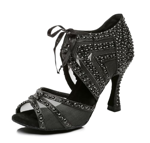 MINITOO Damen Latein Salsa Ballroom Tanzschuhe Hochzeit Abend Sandalen mit Strass L435 Schwarz 9cm Absatz EU 41.5 von MINITOO