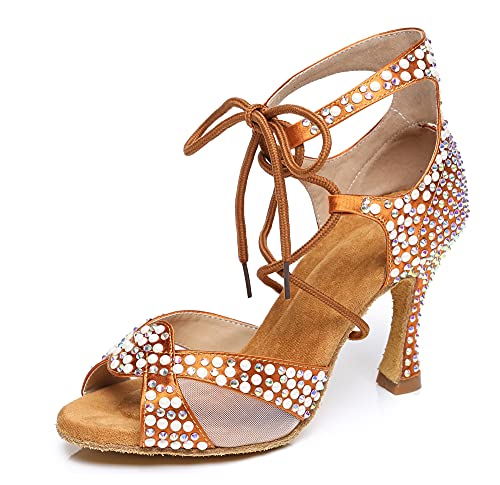 MINITOO Damen Latein Salsa Ballroom Tanzschuhe Hochzeit Abend Sandalen mit Strass L452 Bronze 9cm Absatz EU 40 von MINITOO