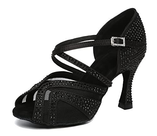 MINITOO Damen Latein Salsa Ballroom Tanzschuhe Hochzeit Abend Sandalen mit Strass L490 Schwarz 9cm Absatz EU 38.5 von MINITOO