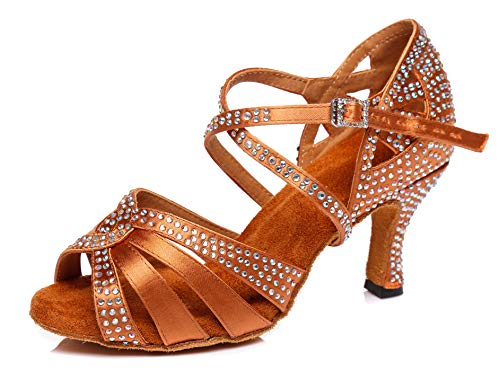 MINITOO Damen Latein Salsa Ballroom Tanzschuhe Hochzeit Abend Schuhe mit Kristalle L408 Bronze 7.5cm Absatz EU 37.5 von MINITOO
