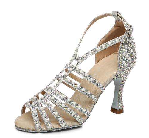 MINITOO Damen Latein Salsa Ballroom Tanzschuhe Hochzeit Abend Schuhe mit Kristalle L438 Hellsilber 9cm Absatz EU 35.5 von MINITOO