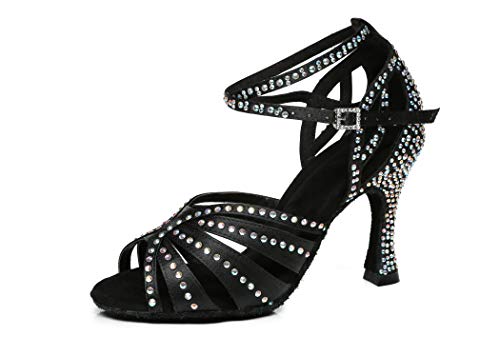 MINITOO Damen Latein Salsa Ballroom Tanzschuhe Hochzeit Abend Schuhe mit Kristalle L440 Schwarz 9cm Absatz EU 38.5 von MINITOO