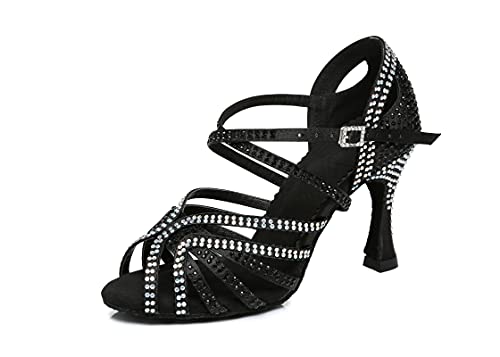 MINITOO Damen Latein Salsa Ballroom Tanzschuhe Hochzeit Abend Schuhe mit Kristalle L450 Schwarz 9cm Absatz EU 38 von MINITOO