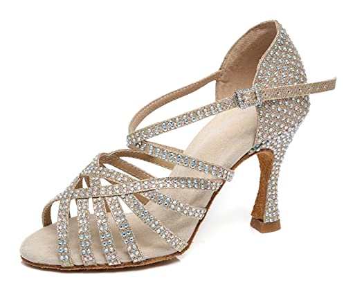MINITOO Damen Latein Salsa Ballroom Tanzschuhe Hochzeit Abend Schuhe mit Kristalle L467 Gold 9cm Absatz EU 39 von MINITOO
