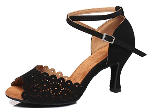 MINITOO Damen Latein Salsa Blumen Schwarz Wildleder Tanzschuhe Abend Sandalen EU 41.5 von MINITOO