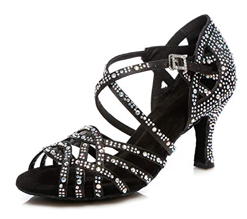 MINITOO Damen Tanzen Schuhe Tanzschuhe Latein Salsa Glitzer Sandalen L357 Schwarz EU 39 von MINITOO