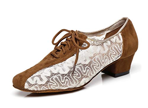 MINITOO Damen Latein Salsa Niedriger Absatz Foral Printed Braun Mesh Ballroom Tanzschuhe Abendschuhe EU 39.5 von MINITOO
