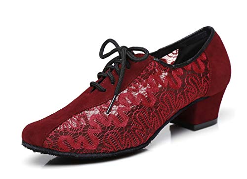 MINITOO Damen Latein Salsa Niedriger Absatz Foral Printed Burgund Mesh Ballroom Tanzschuhe Abendschuhe EU 41 von MINITOO