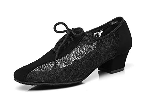 MINITOO Damen Latein Salsa Niedriger Absatz Foral Printed Schwarz Mesh Ballroom Tanzschuhe Abendschuhe EU 43 von MINITOO