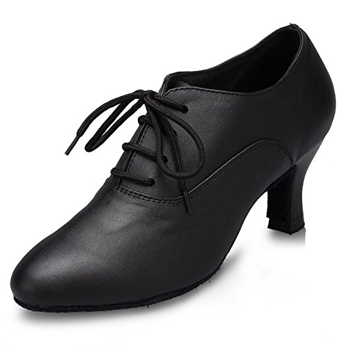 MINITOO Damen Latein Salsa Schnursenkel Niedriger Absatz Schwarz Glattleder Sport Tanzschuhe Abendschuhe EU 39 von MINITOO