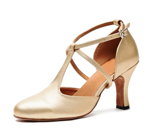 MINITOO Damen Latein Salsa T-Strap Closed-Toe Gold Synthetik Ballroom Tanzschuhe Party Schuhe EU 40.5 von MINITOO