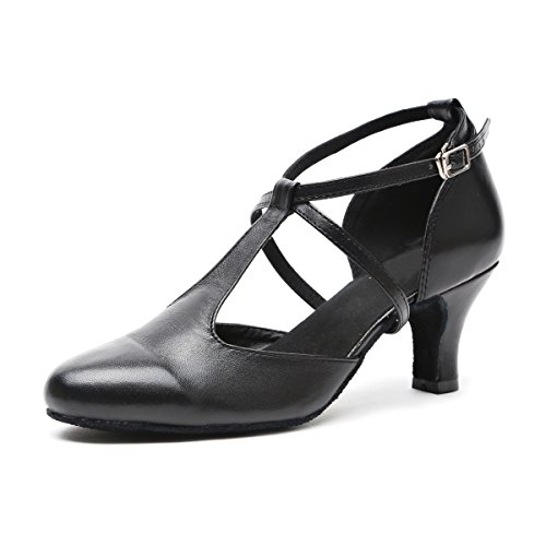 MINITOO Damen Latein Salsa T-Strap Closed-Toe Schwarz Synthetik Ballroom Tanzschuhe Party Schuhe EU 39 von MINITOO