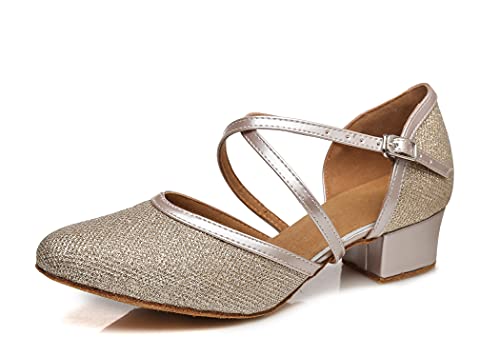 MINITOO Damen Latin Salsa T-Riemen geschlossene Zehen Synthetik Ballsaal Tanzschuhe Abend Hochzeit Pumps, L481 Champagnerfarbener Absatz, 6 cm, 39 EU von MINITOO