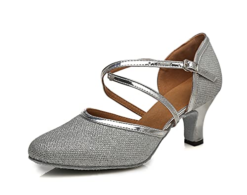MINITOO Damen Latin Salsa T-Riemen geschlossene Zehen Synthetik Ballsaal Tanzschuhe Abend Hochzeit Pumps, L481 Absatz, silberfarben, 6 cm, 41 EU von MINITOO