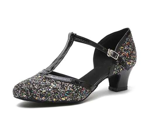 MINITOO Damen Latein Salsa T-Strap Scwarz Glitter Performance Tanzschuhe Hochzeitsschuhe EU 39.5 von MINITOO