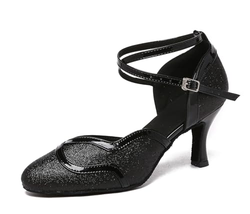 MINITOO Damen Latein Tanzschuhe Glitzer Formal Party Prom Pumps mit Riemchen QJ7110 Schwarz EU 41.5 von MINITOO
