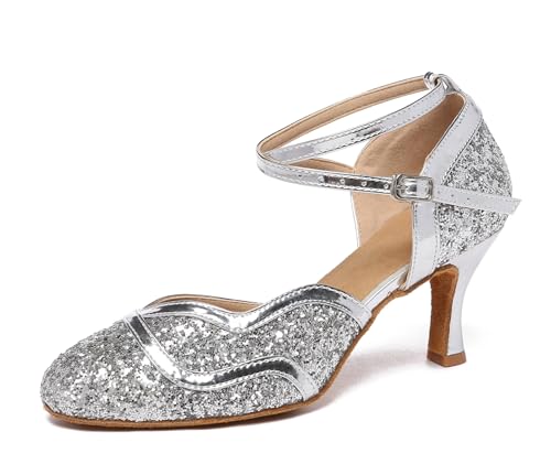 MINITOO Damen Latein Tanzschuhe Glitzer Formal Party Prom Pumps mit Riemchen QJ7110 Silber EU 38.5 von MINITOO