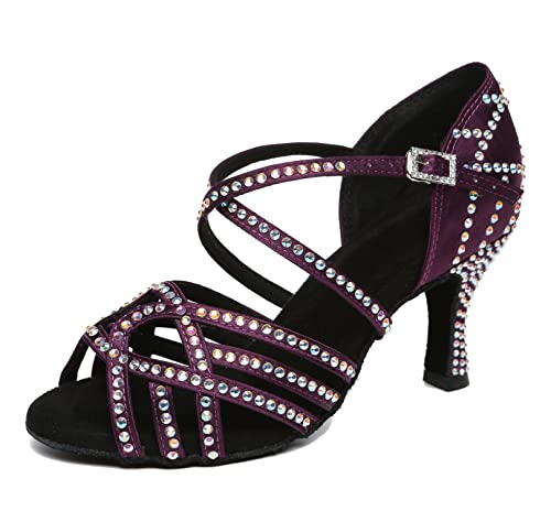 MINITOO Damen Latein Tanzschuhe mit Strass Kristallperlen Hochzeit Prom Sandalen Schuhe L483 Violett 7.5cm Absatz EU 36.5 von MINITOO