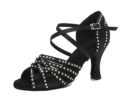 MINITOO Damen Latein Tanzschuhe mit Strass Kristallperlen Hochzeit Prom Sandalen Schuhe L510 Schwarz 7.5cm Absatz EU 39 von MINITOO