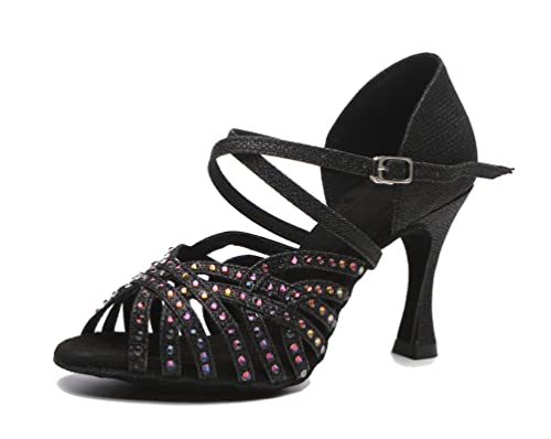 MINITOO Damen Latein Tanzschuhe mit Strass Kristallperlen Hochzeit Prom Sandalen Schuhe L513 Schwarz 9cm Absatz EU 41 von MINITOO