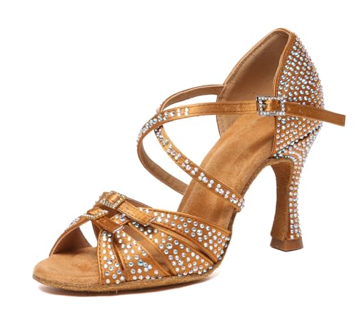 MINITOO Damen Latein Tanzschuhe mit Strass Kristallperlen Hochzeit Prom Sandalen Schuhe L603 Bronze 9cm Absatz EU 39.5 von MINITOO