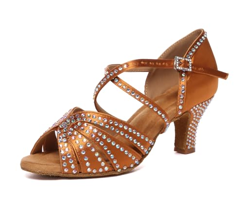 MINITOO Damen Latein Tanzschuhe mit Strass Kristallperlen Hochzeit Prom Sandalen Schuhe L612 Bronze 6cm Absatz EU 37 von MINITOO