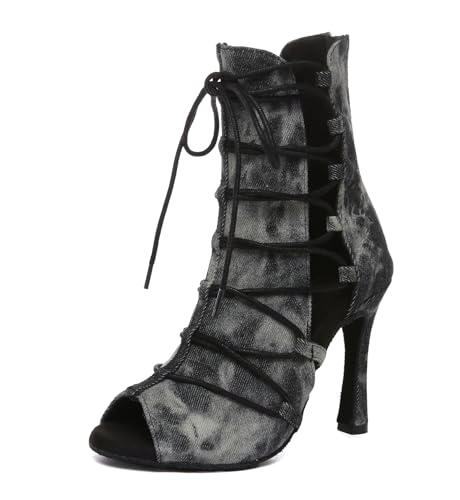 MINITOO Damen Latin Ballsaal Tanzen Schuhe Schnursenkel Offene Party Formal Sandalen Stiefel L614 Denim Schwarz 10cm Absatz EU 36.5 von MINITOO