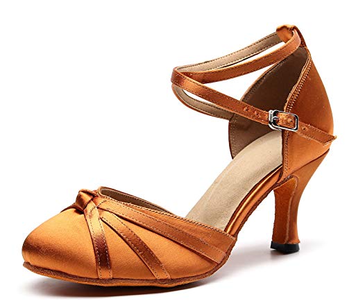 MINITOO Damen Latin Salsa Ankle Strap Bronze Satin Tanzschuhe Hochzeit Prom Pumps EU 33 von MINITOO