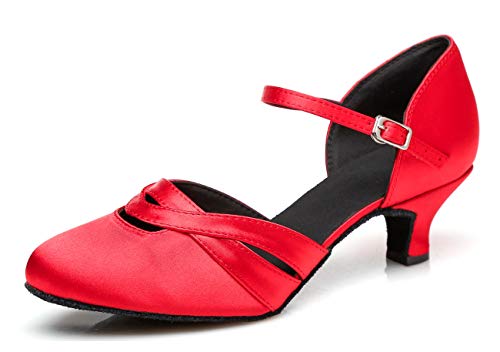 MINITOO Damen Geschlossene Satin Latin Salsa Tanzschuhe Hochzeit Abend Schuhe L152 Rot 5cm Absatz EU 41.5 von MINITOO