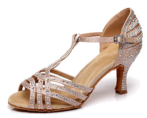 MINITOO Damen Latin Tango Tanzschuhe Fesselriemen Hochzeit Schuhe mit Strass L404 Nude 7.5cm Absatz EU 39 von MINITOO