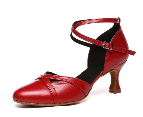 MINITOO Damen Leder Salsa Latin Tanzschuhe Bequem Party Abend Pumps Schuhe L618 Rot 6.5cm Absatz EU 39.5 von MINITOO