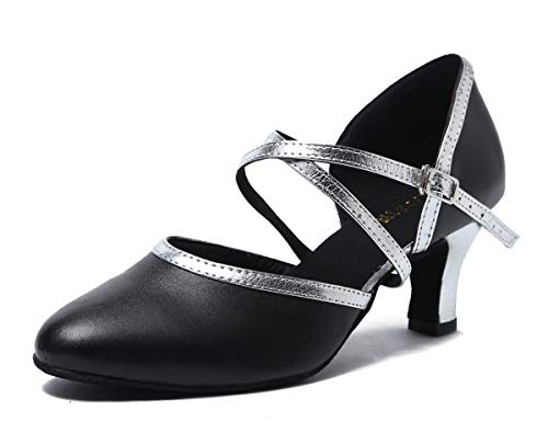 MINITOO Damen Leder Salsa Latin Tanzschuhe Bequem Party Abend Pumps Schuhe L188 Schwarz/Silber EU 39.5 von MINITOO