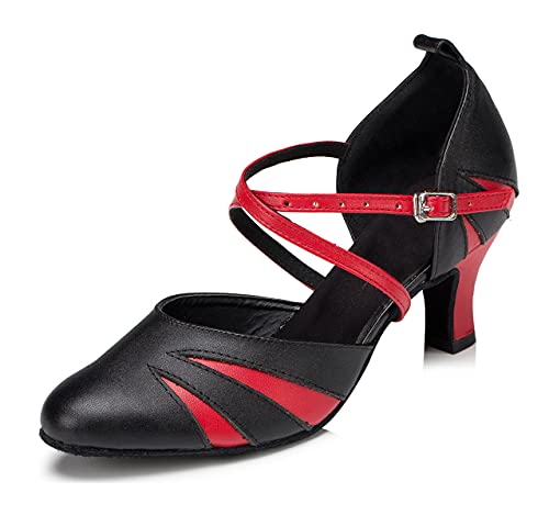 MINITOO Damen Leder Tanzschuhe Ballsaal Heels mit Knöchelriemen L192 Schwarz/Rot EU 37 von MINITOO