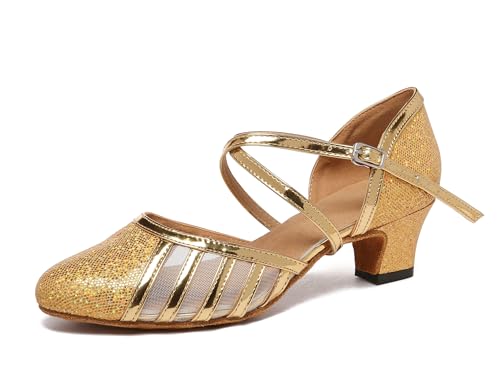 MINITOO Damen Niedriger Absatz Tanzschuhe Glitzer Abend Schuhe L2042 Gold EU 39.5 von MINITOO