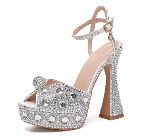 MINITOO Damen Plattform Hochzeits Schuhe mit Strass Hoher Absatz Abend Prom Sandalen LH151 Silber EU 39 von MINITOO