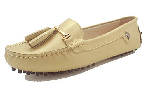 MINITOO Damen Quasten Slip-on Leder Slipper Mokassins Fahren Flache Schuhe Champagnergelb EU 35.5 von MINITOO